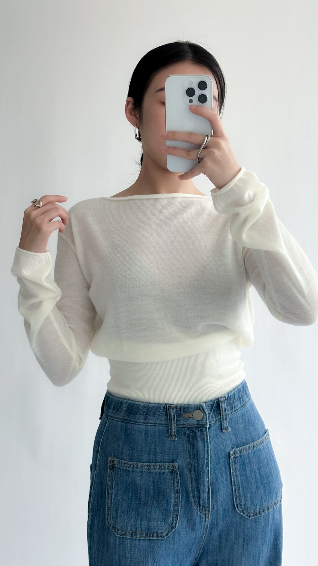 一字領束腰薄冷衫 - 黑色