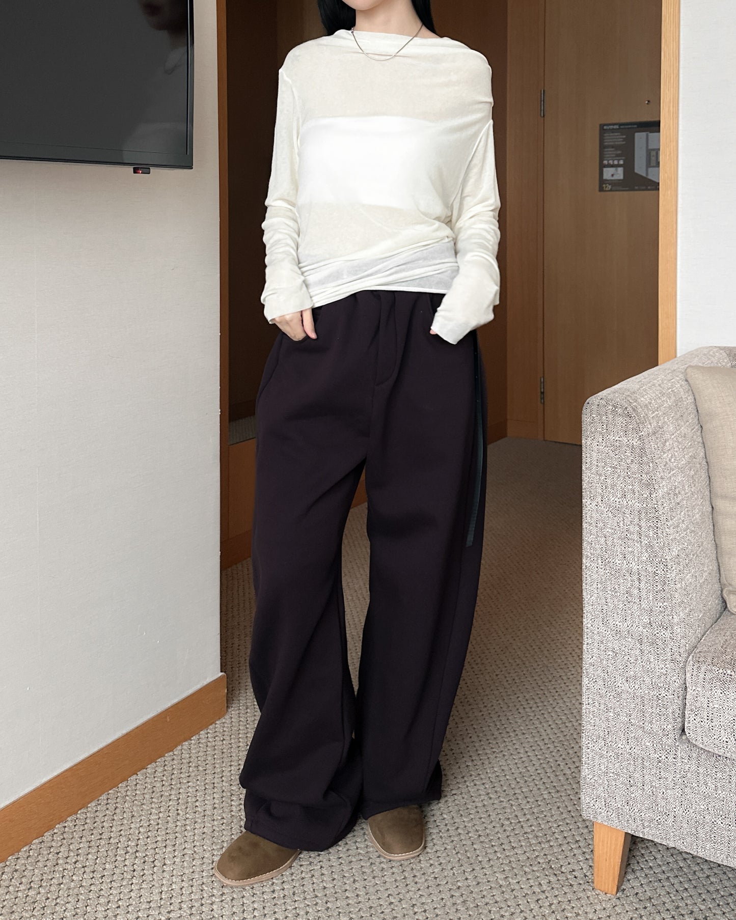 內舖棉舒適棉褲 - 酒紅啡