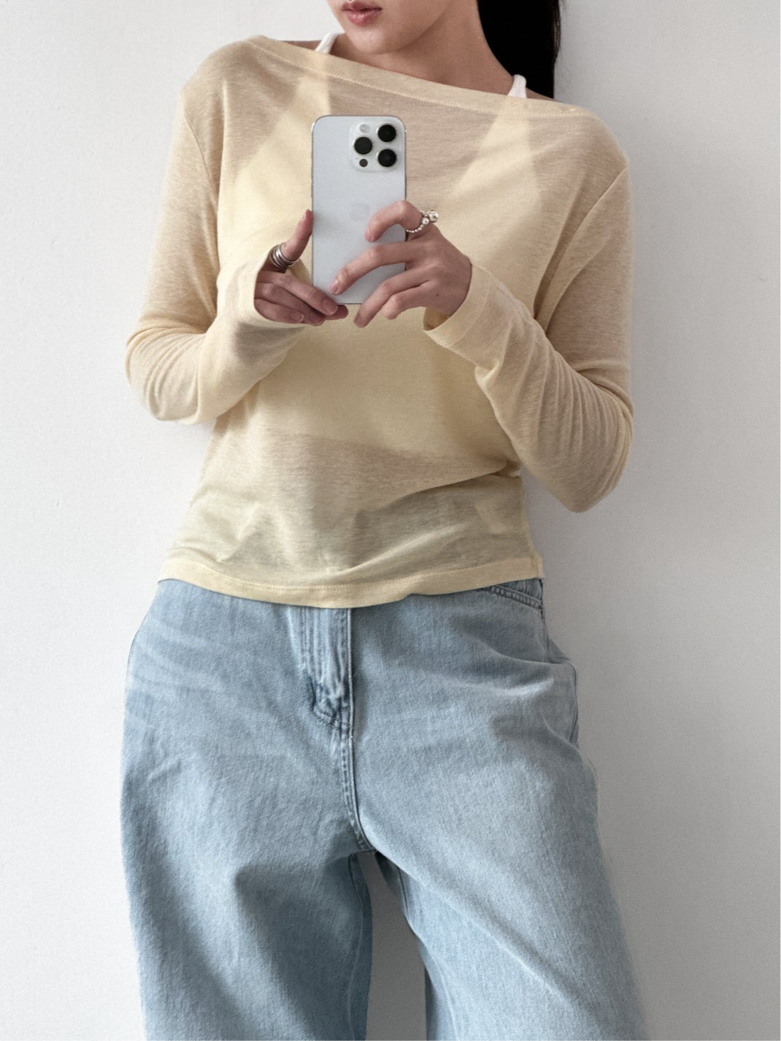 斜肩鈕扣平領上衣 白色