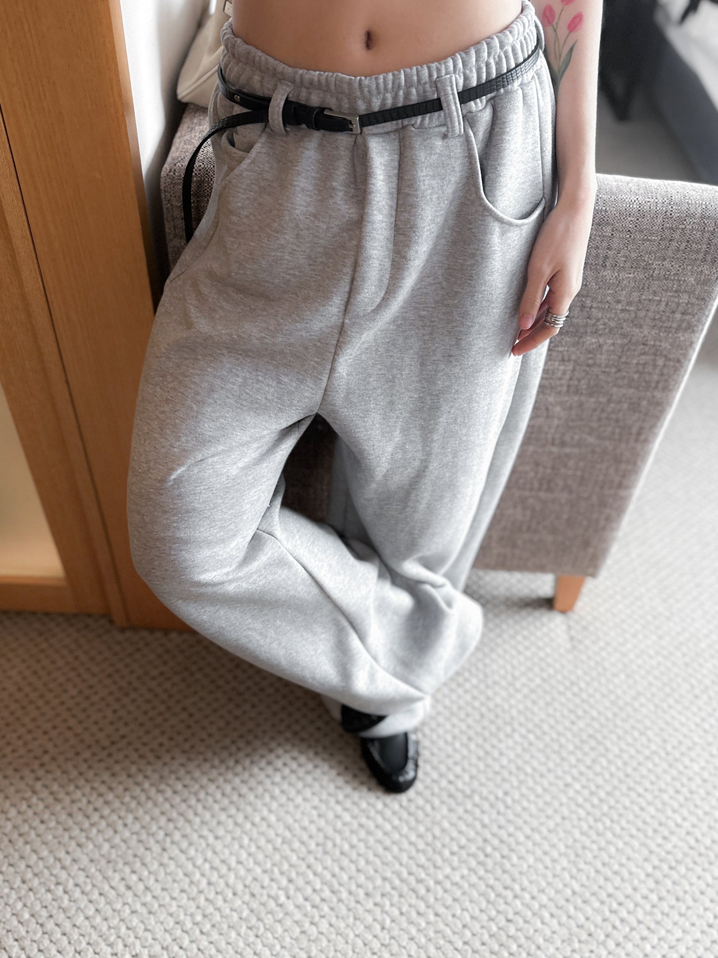 內舖棉舒適棉褲 - 淺灰色