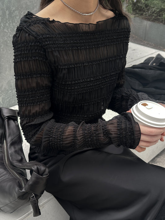 內外搭兩穿平領細褶上衣 黑色