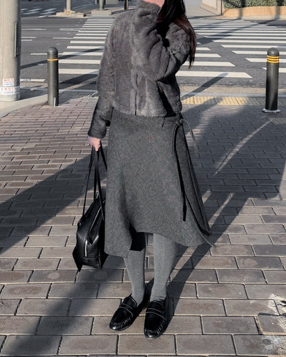 不規則收邊羊毛半截裙 - 深灰色