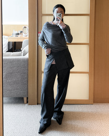 (可拆式裙片)薄羊毛直筒長褲 - 深灰色