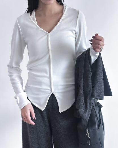 V領修腰彈性上衣 白色