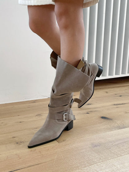 麂皮反褶尖頭靴