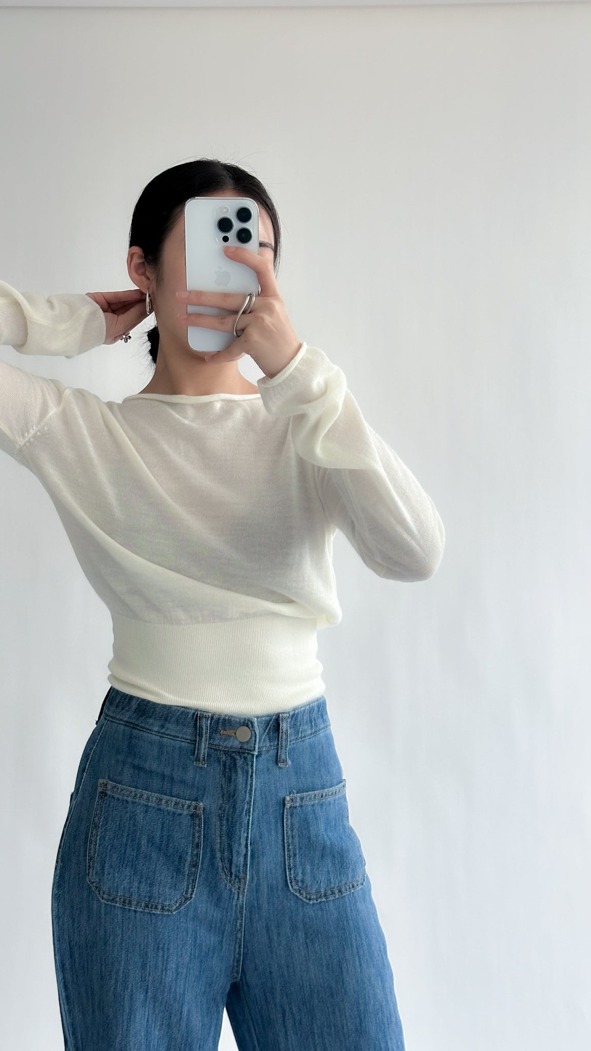 一字領束腰薄冷衫 - 黑色