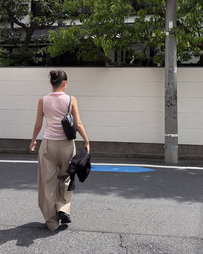 配腰帶打褶長褲 - 杏色