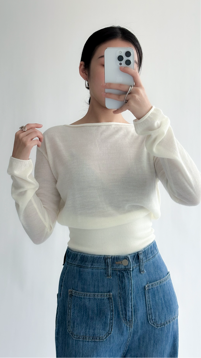 一字領束腰薄冷衫 - 黑色