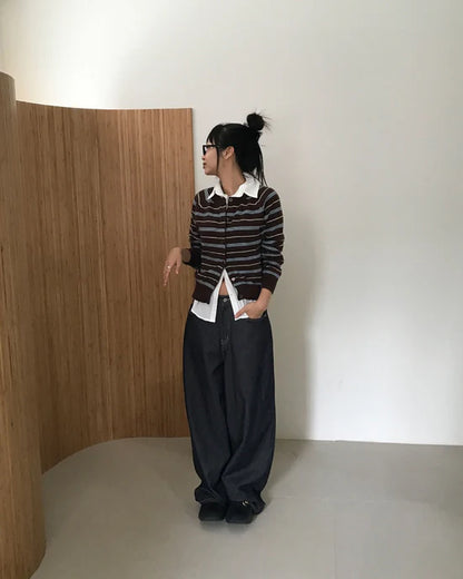 條紋開胸針織衫 啡色