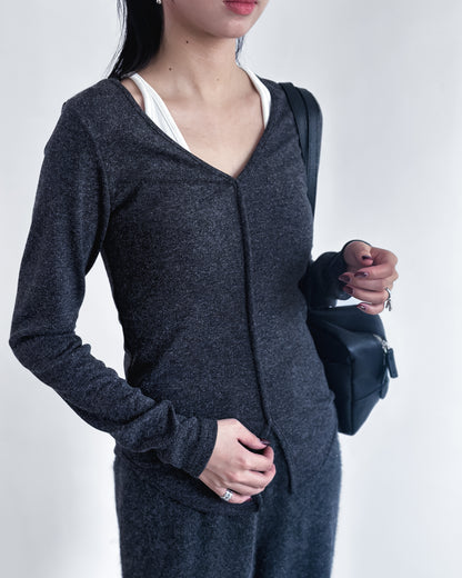 V領修腰彈性上衣 深灰色