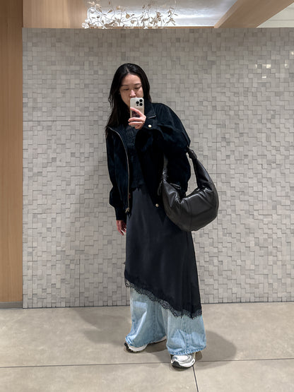 內外搭兩穿平領細褶上衣 黑色