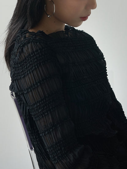 內外搭兩穿平領細褶上衣 黑色