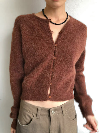 浣熊混紡冷繩圈鈕扣外套 棕紅色