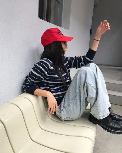 條紋開胸針織衫 啡色