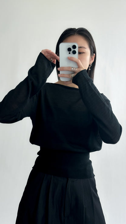 一字領束腰薄冷衫 - 黑色