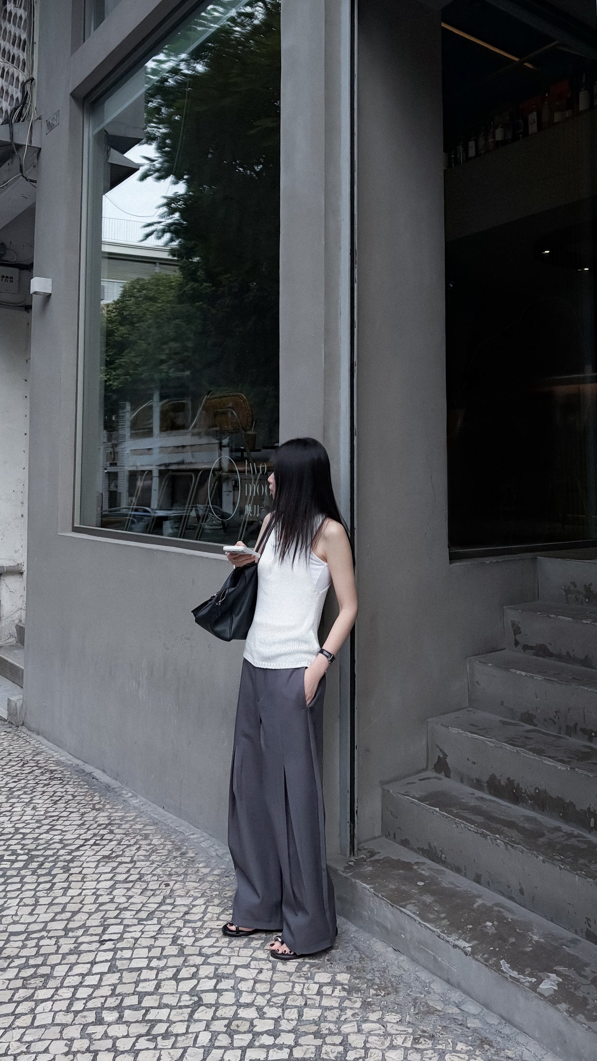 Unisex 前開衩直腿西褲 - 灰色