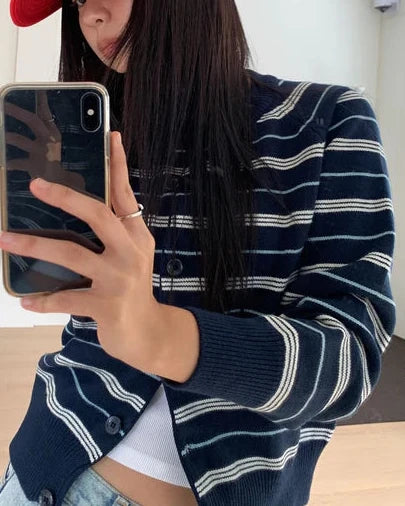 條紋開胸針織衫 深藍色