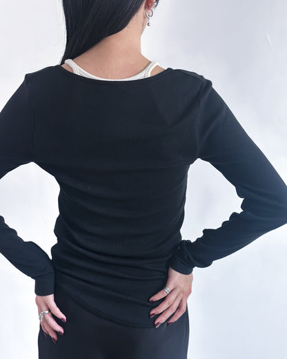 V領修腰彈性上衣 黑色