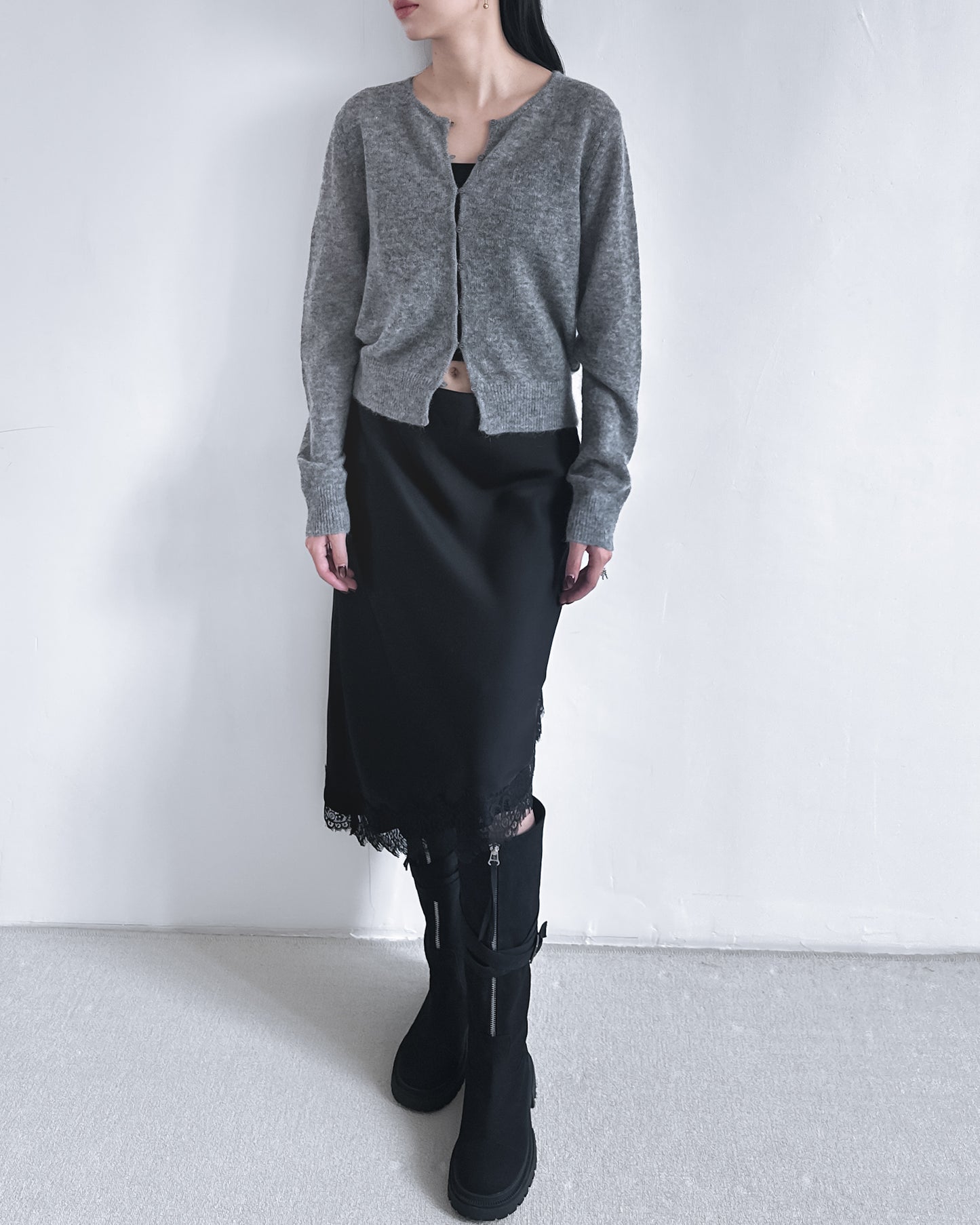 海馬毛混紡圓領薄外套 淺灰色