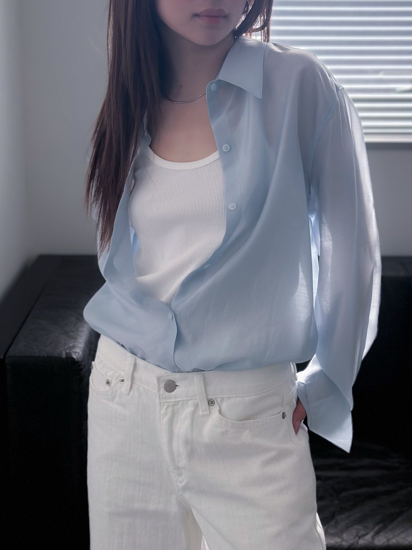 光澤感透薄恤衫 藍色