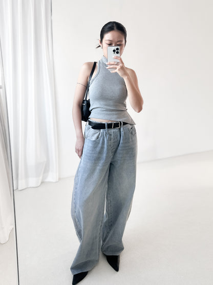 純棉拼布弧形牛仔褲