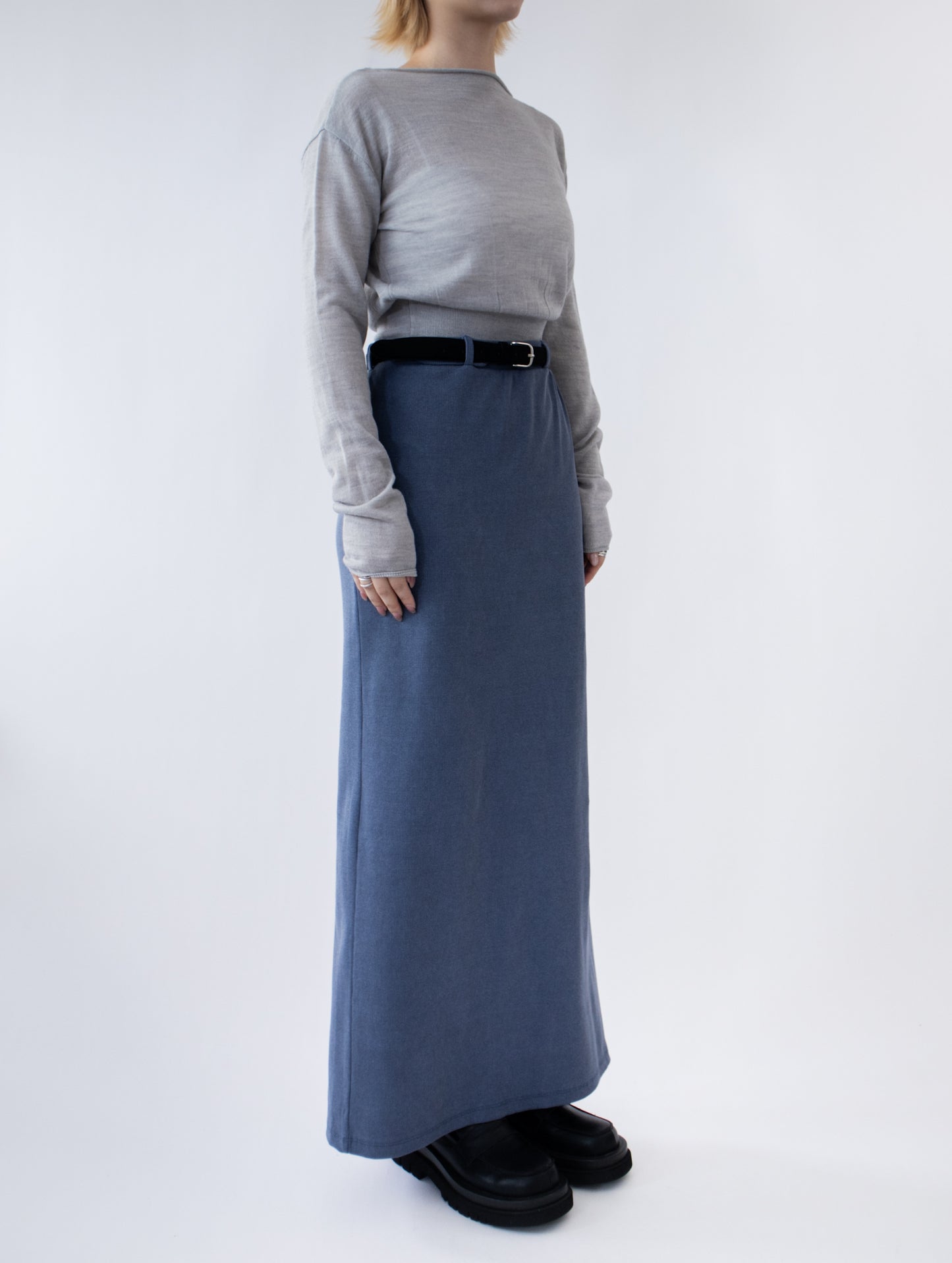 一字領束腰薄冷衫 - 黑色