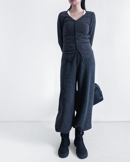 V領修腰彈性上衣 深灰色