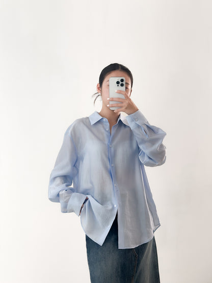 光澤感透薄恤衫 藍色