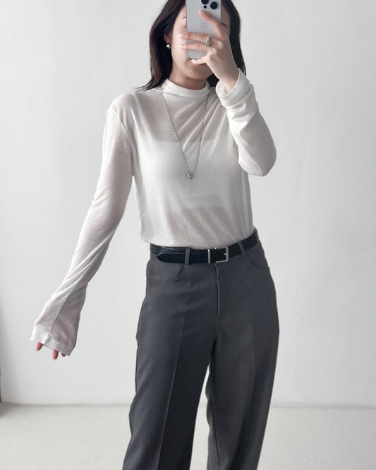 半高領透膚上衣- 白色