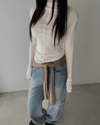 前後兩穿半高領上衣 深米色