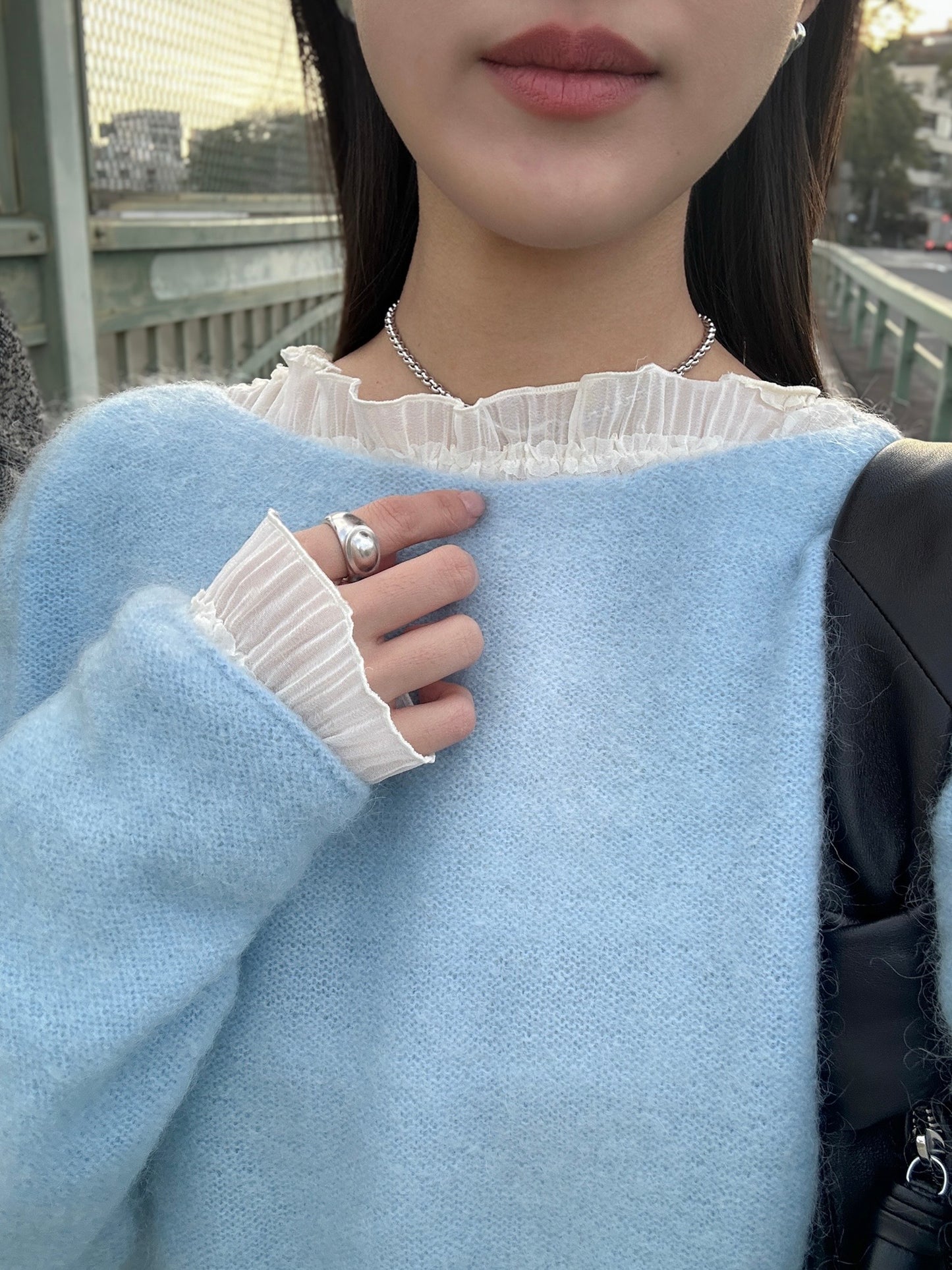 內外搭兩穿平領細褶上衣 米白色