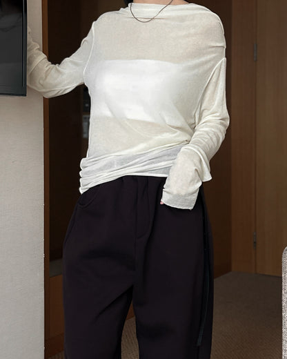 斜肩抓褶天絲上衣 - 深啡色