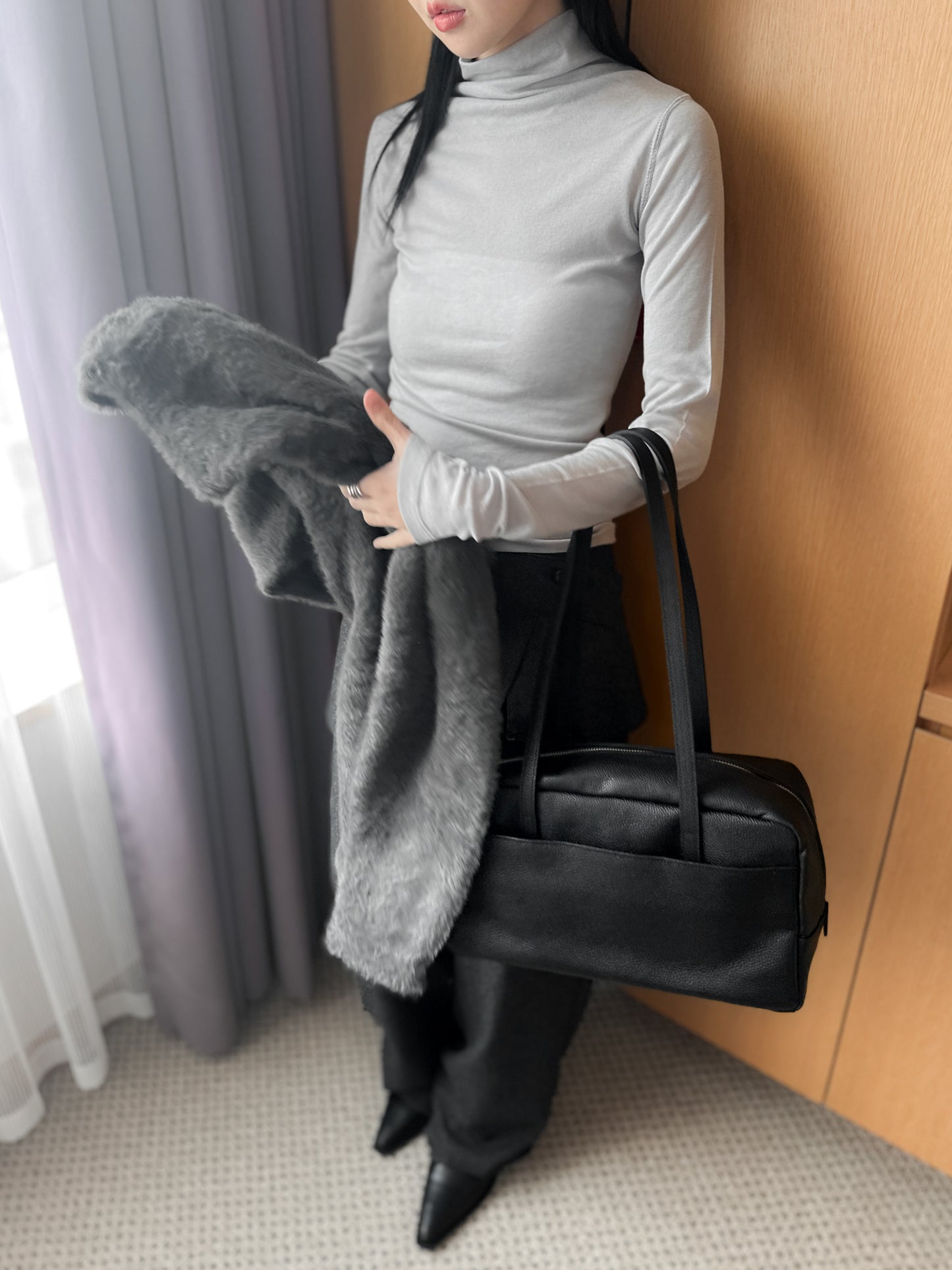 (可拆式裙片)薄羊毛直筒長褲 - 深灰色