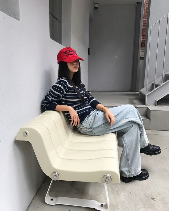 條紋開胸針織衫 深藍色