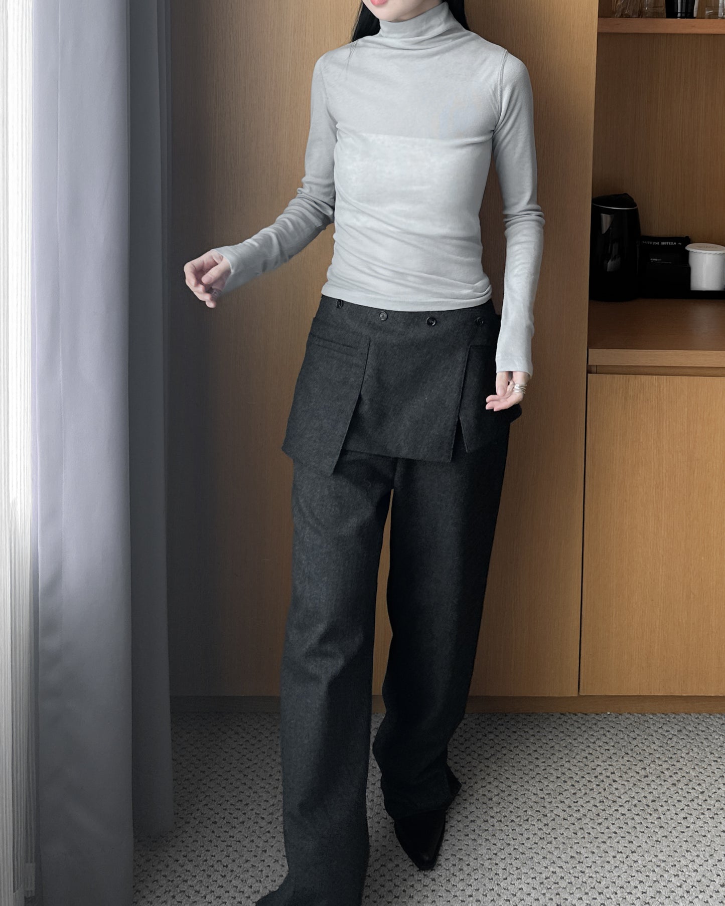 (可拆式裙片)薄羊毛直筒長褲 - 深灰色