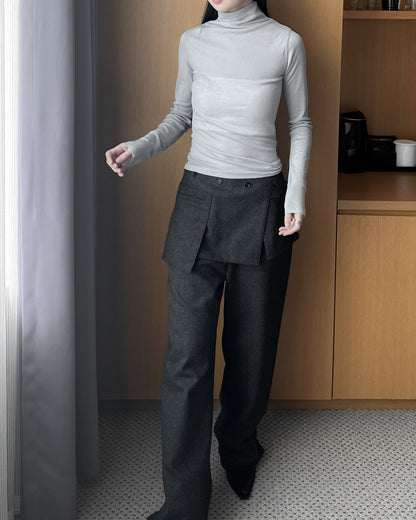 (可拆式裙片)薄羊毛直筒長褲 - 深灰色