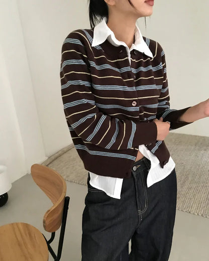 條紋開胸針織衫 啡色