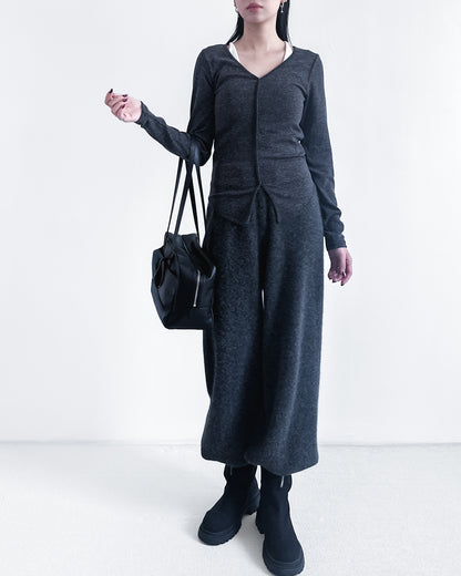 V領修腰彈性上衣 深灰色