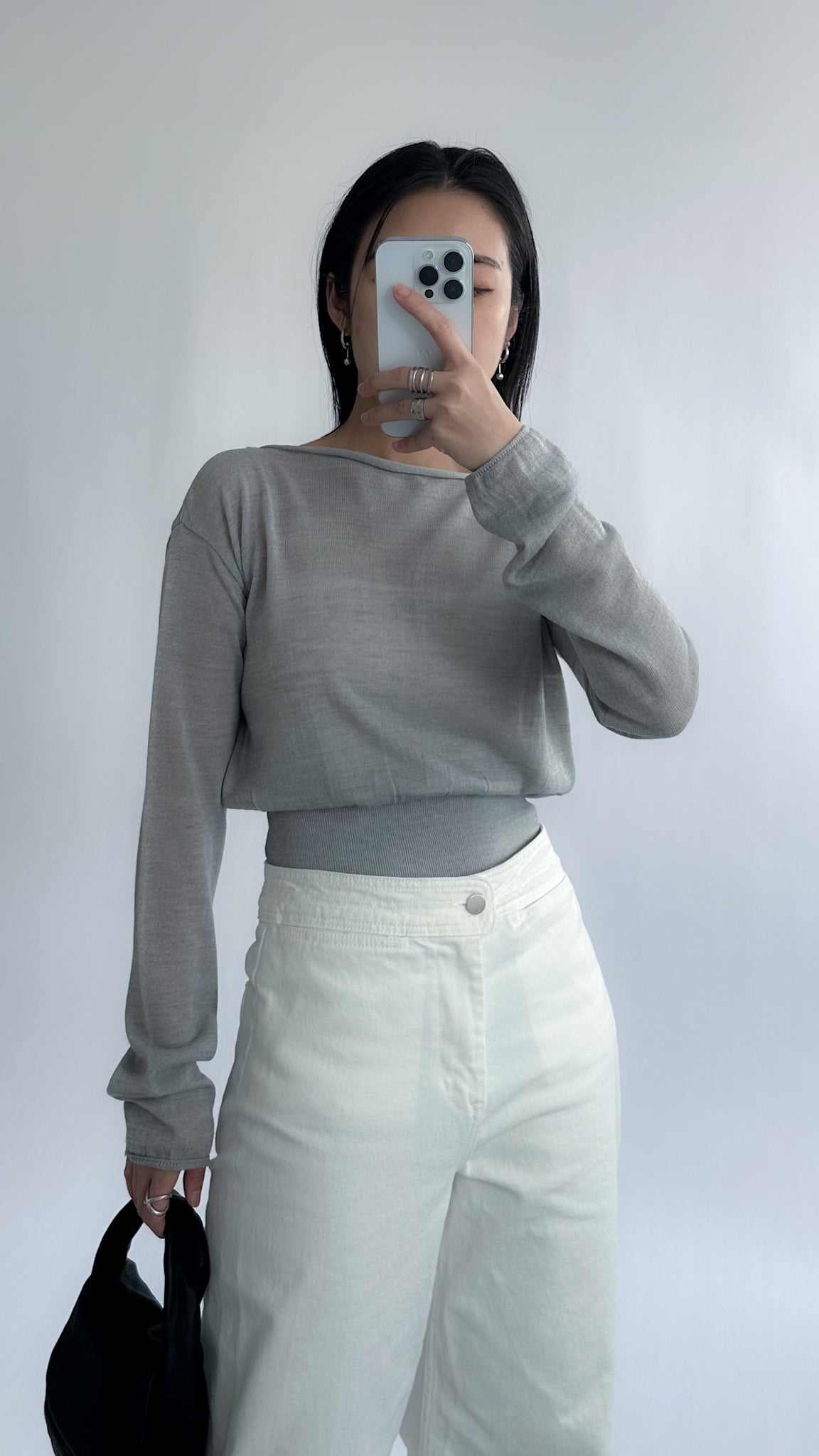 一字領束腰薄冷衫 - 黑色