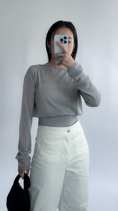 一字領束腰薄冷衫 - 黑色