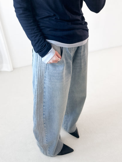 純棉拼布弧形牛仔褲