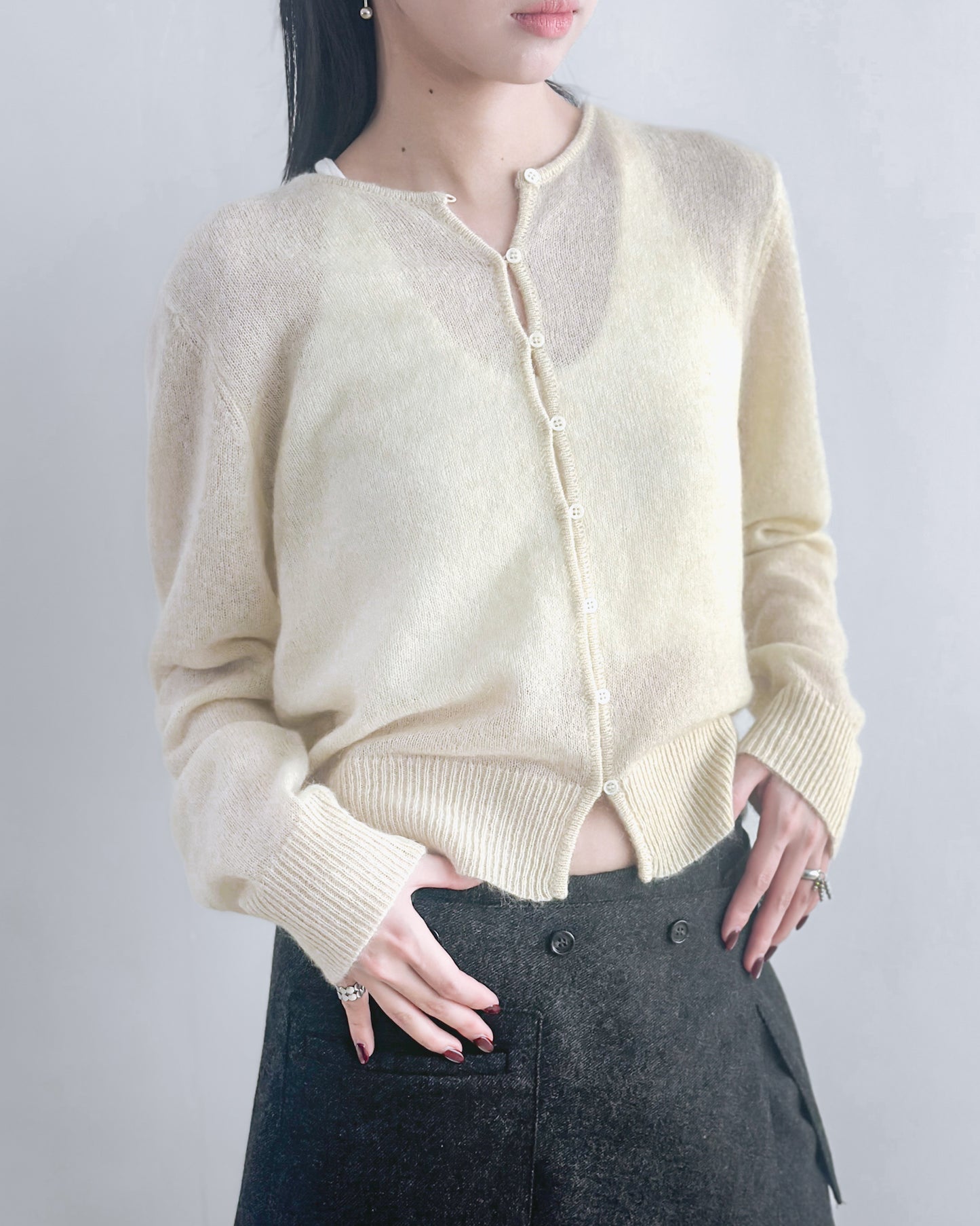 海馬毛混紡圓領薄外套 淺黃色