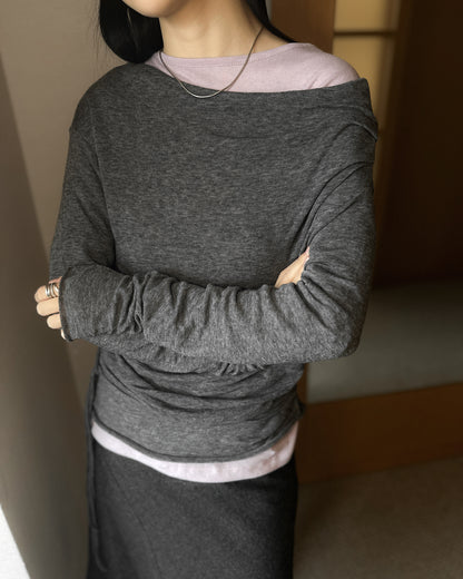 斜肩抓褶天絲上衣 - 深啡色