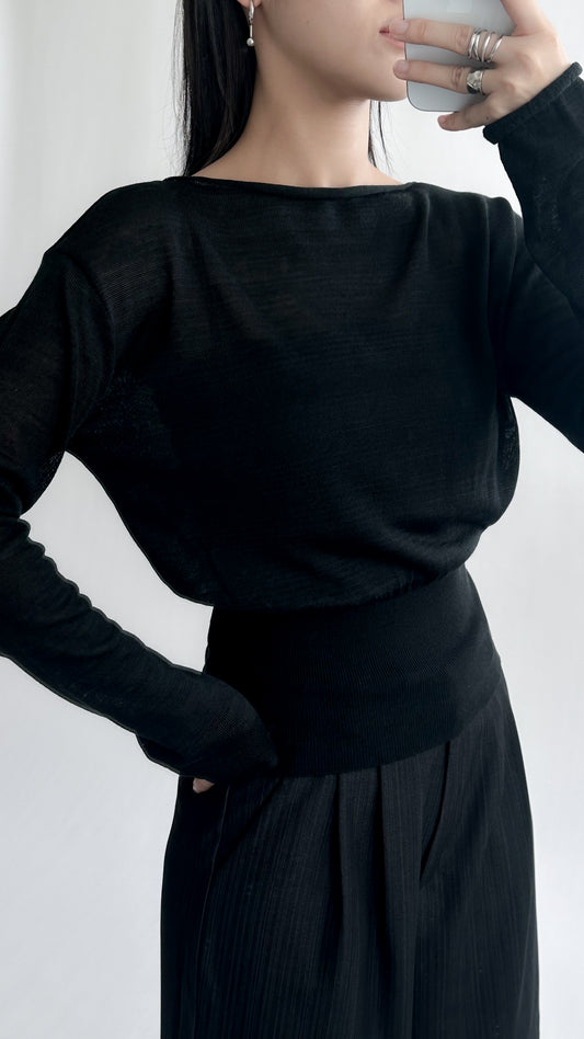 一字領束腰薄冷衫 - 黑色