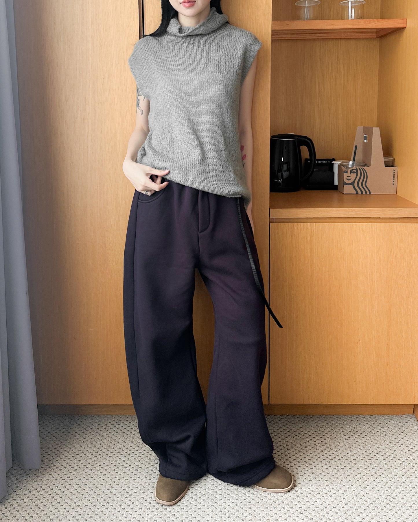 透薄羊毛背心連外套套裝 - 卡其色