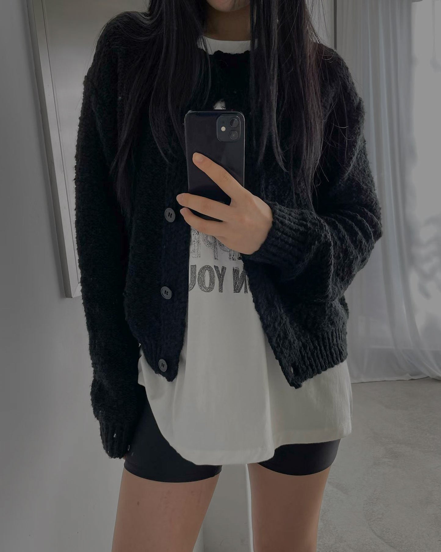 羊毛混紡圓領開胸外套 黑色