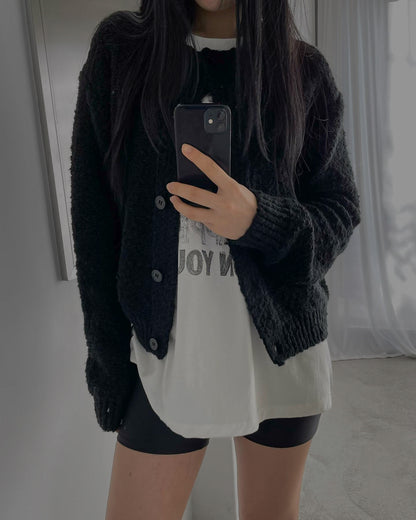 羊毛混紡圓領開胸外套 黑色