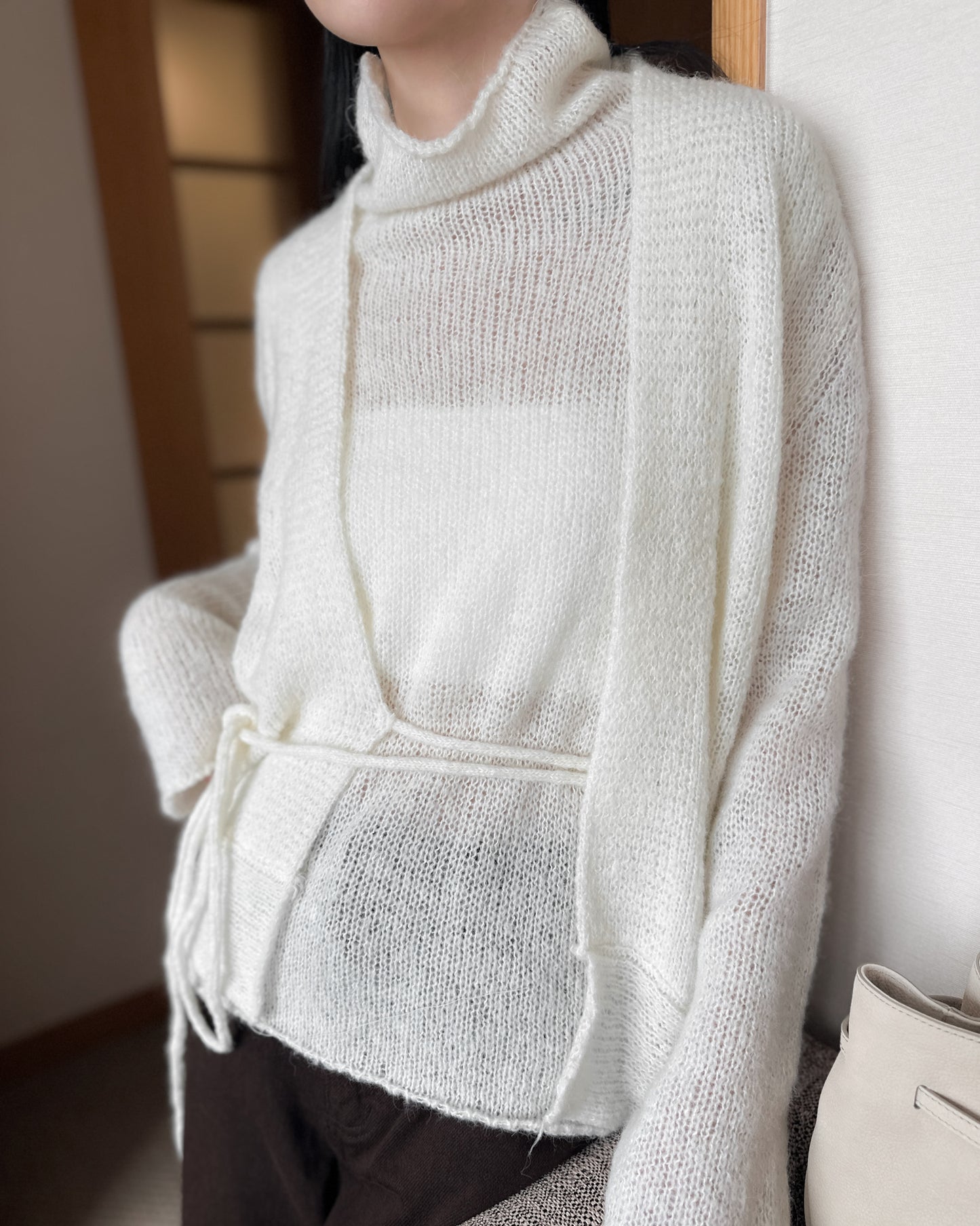 透薄羊毛背心連外套套裝 - 米白色