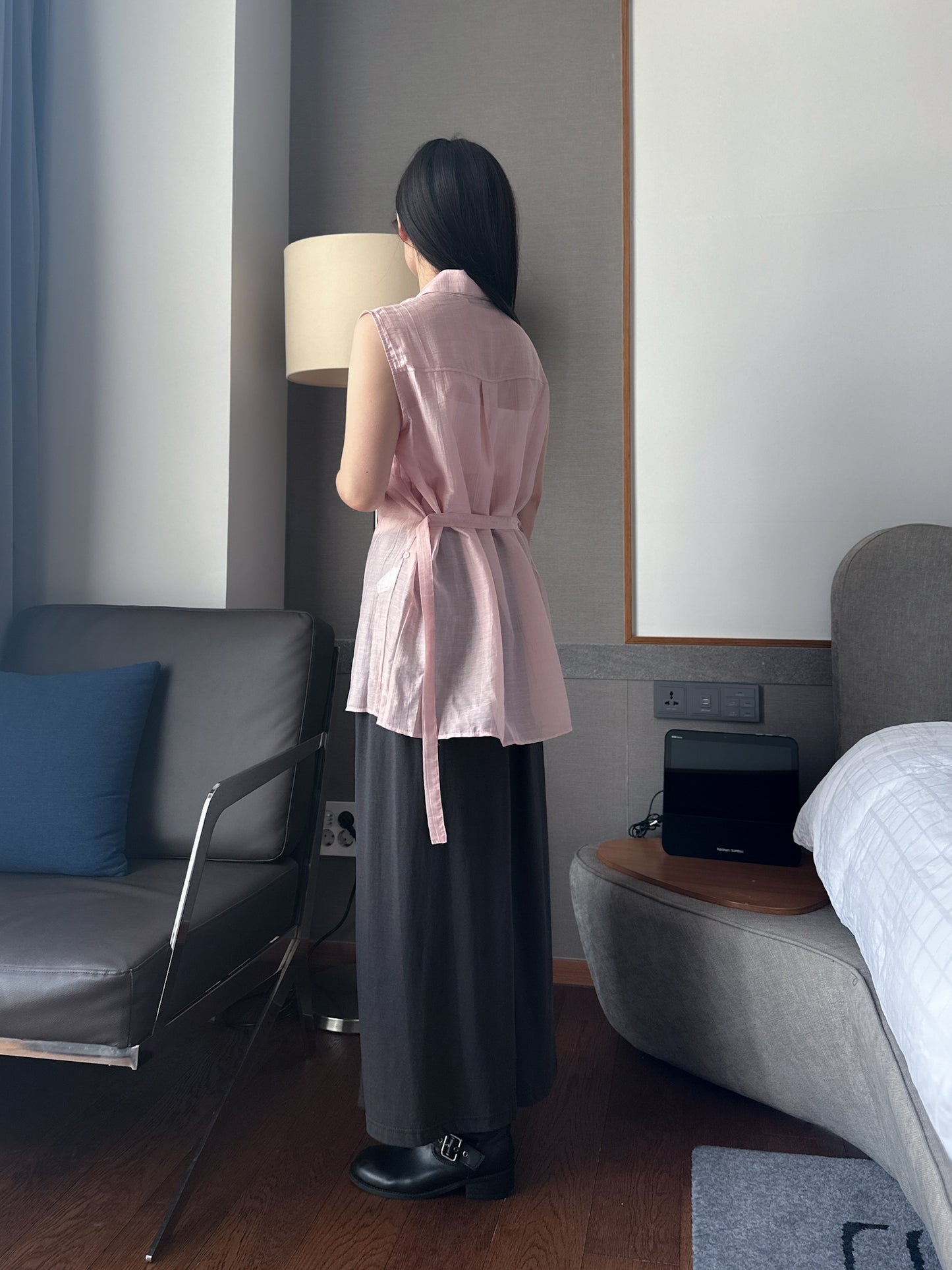 0625D06 側扣綁帶背心恤衫 銀灰色