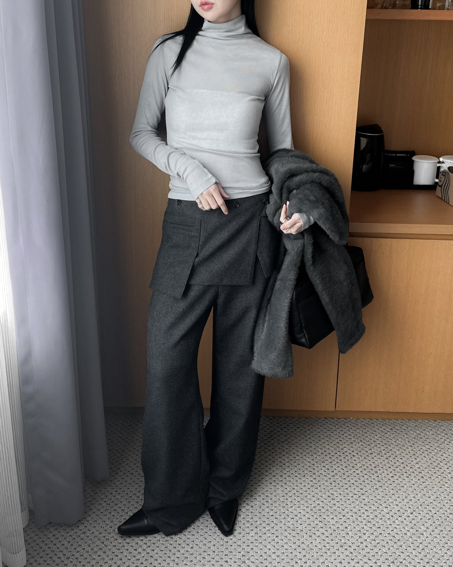 前後兩穿毛絨外套 - 深灰色